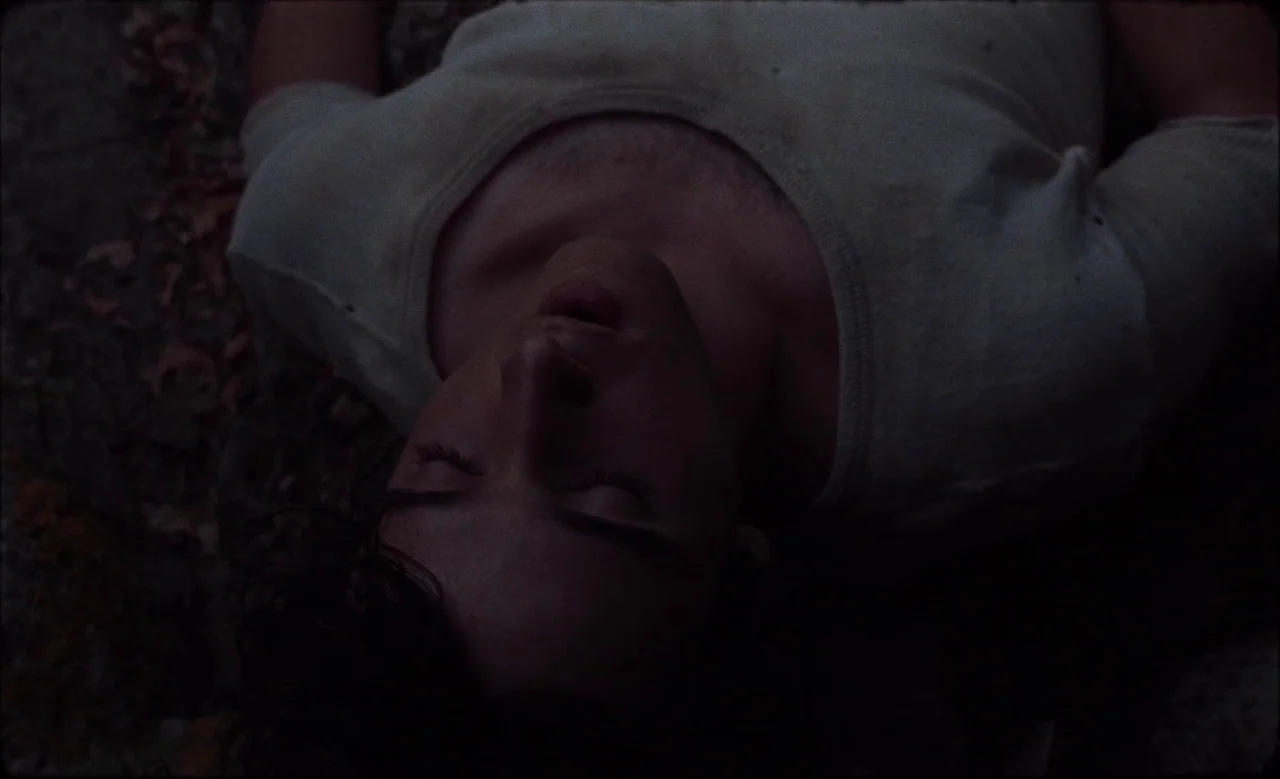 Happy as Lazzaro (2018) movie still: closeup — A dark, textured ground surface provides the backdrop for a person lying down. The person lies flat…