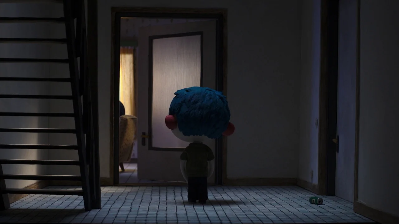 My Life as a Zucchini (2016) movie still: medium — A dark hallway with a tiled floor and a set of wooden stairs to the left. A small figure stands…