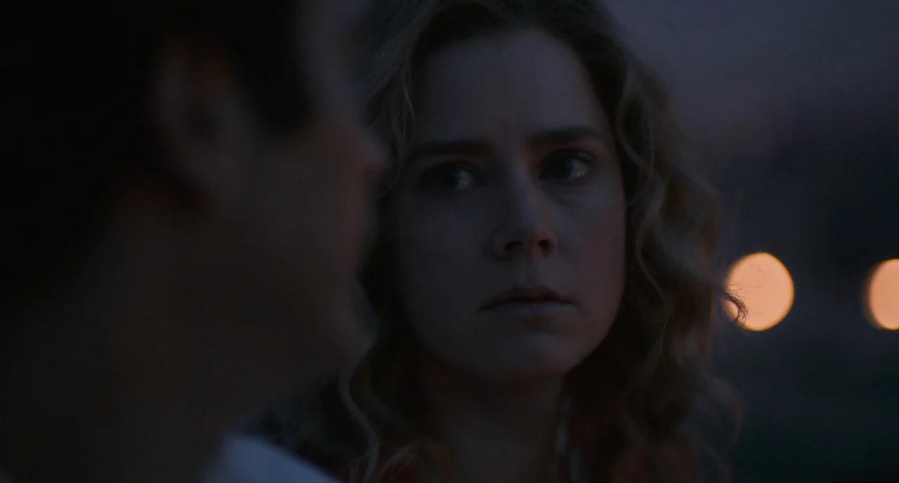 Her (2013) movie still: closeup — A dark outdoor setting at dusk with distant out-of-focus yellow lights visible. A woman with blonde curly hair…