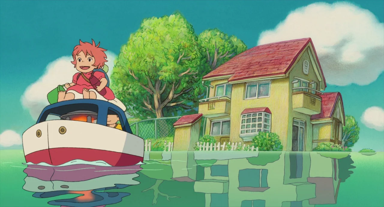 Ponyo (2008) movie still: wide — A flooded area features a yellow house partially submerged in rising water. A small boat carrying a young girl with…