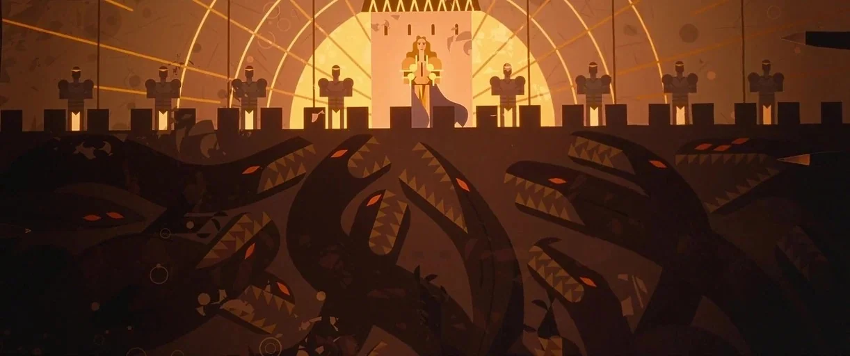 Nimona (2023) movie still: wide — A stylized fantasy battlefield depicts a central human figure atop a crenelated stone wall. Below the wall,…