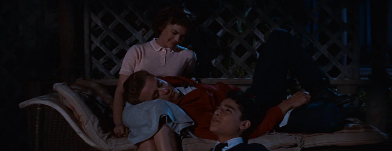 Rebel Without A Cause (1955) movie still: medium — A wooden porch with a lattice screen backdrop at night. A young woman sits on a bench with a man…