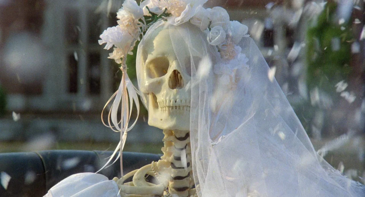Crimes of Passion (1984) movie still: closeup — A human skeleton adorned with a white bridal veil stands in an outdoor space. White flower petals…