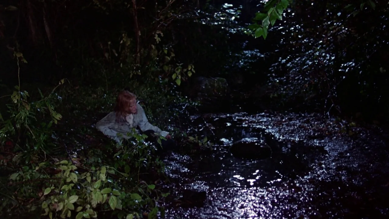 Friday the 13th Part 2 (1981) movie still: wide — A dark, wooded stream bed is illuminated by stark moonlight hitting the water. A person crouches…