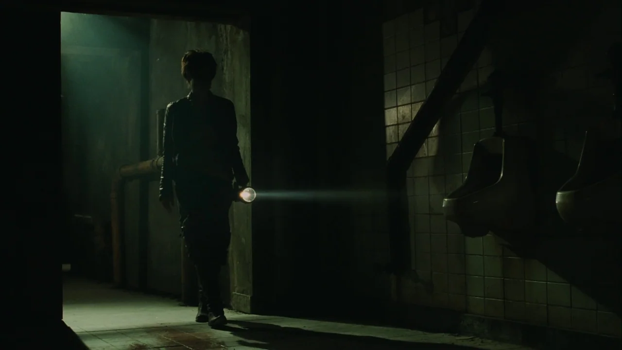Saw III (2006) movie still: medium — A dim, tiled room features wall-mounted fixtures and a dark, narrow doorway entry point. A person in dark…