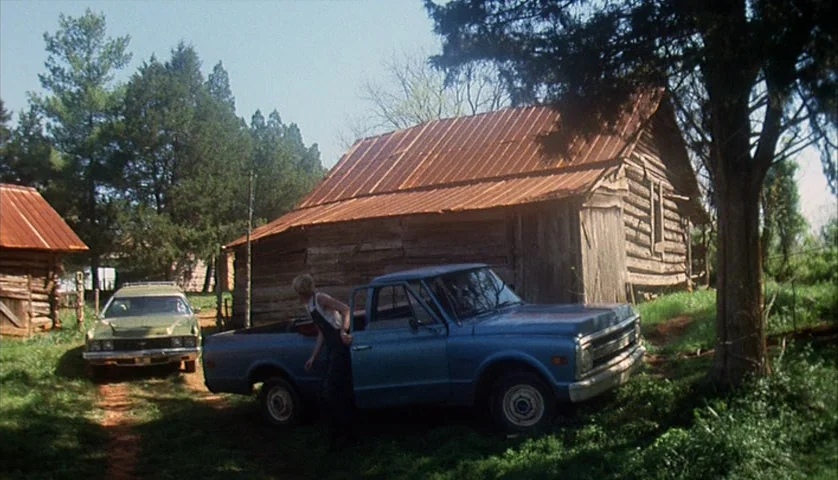 Cockfighter (1974) movie still: wide — A rural setting features weathered log buildings with rusted metal roofs among tall trees. A young person…