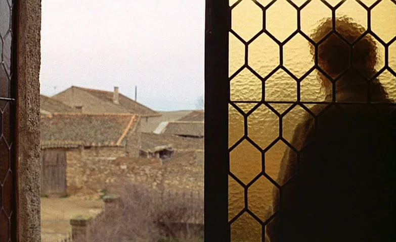 Spirit Of The Beehive (1973) movie still: medium — A rural village with stone houses and tiled roofs is visible through an open window. A person is…