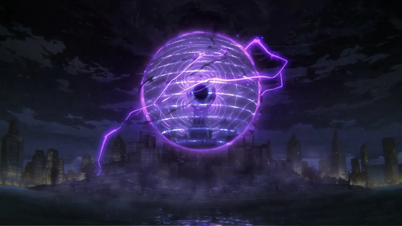 Batman Ninja vs. Yakuza League (2025) movie still: establishing — A sprawling city skyline at night sits beneath a large, swirling purple energy…