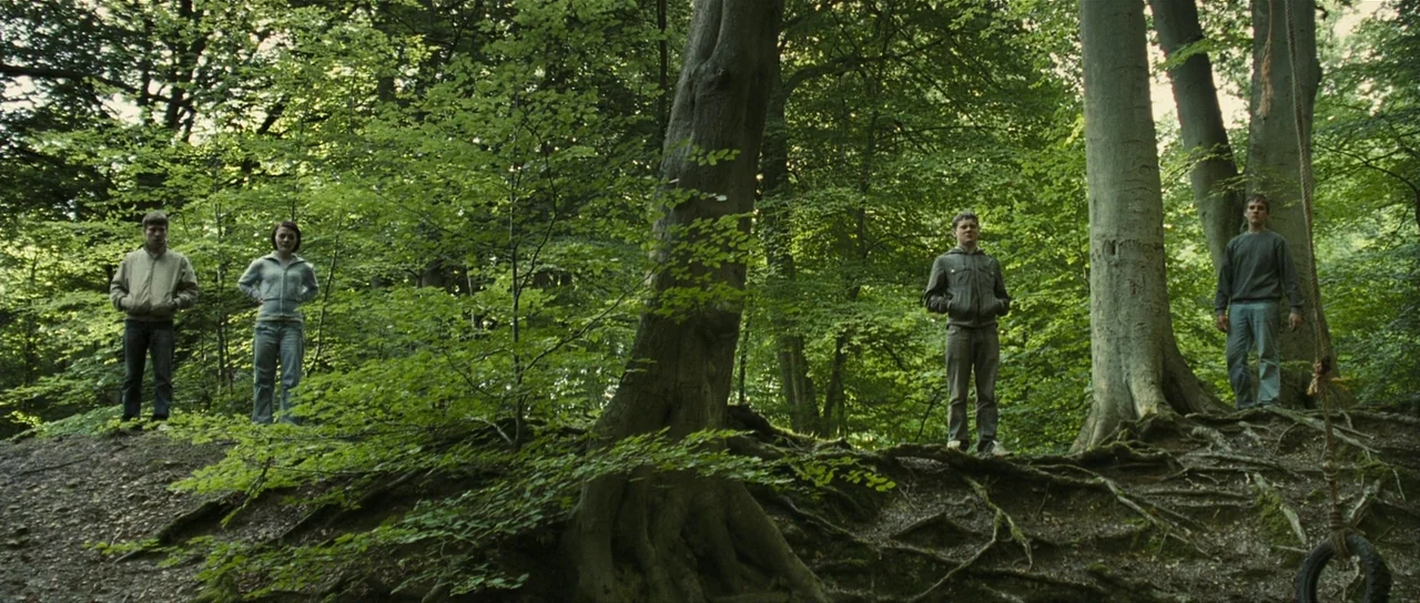 Eden Lake (2008) movie still: wide — A dense woodland setting features large trees with visible tangled roots on a hillside. Four individuals stand…