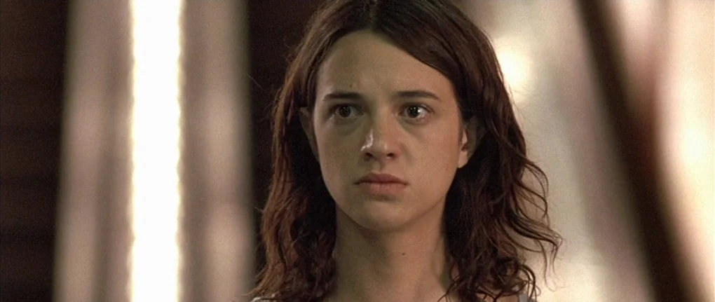 Boarding Gate (2007) movie still: closeup — A woman stands in a softly lit interior space with blurry vertical panels behind her. She faces the…