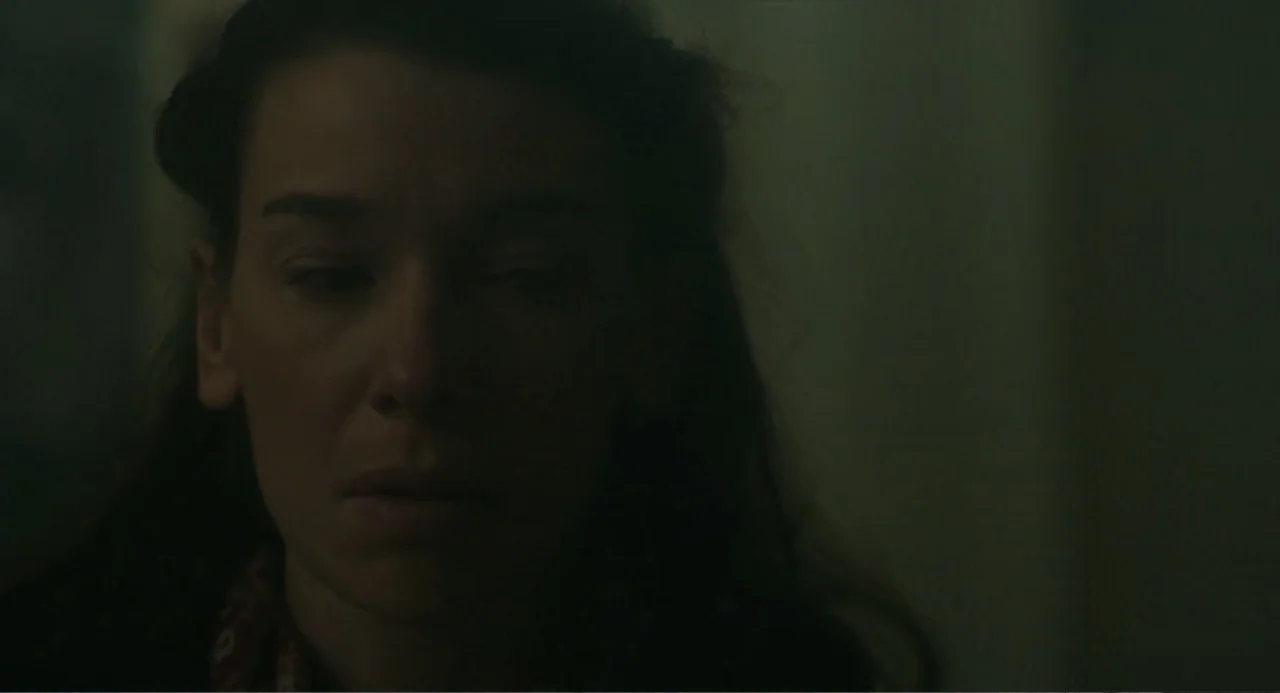 Orphan: First Kill (2022) movie still: closeup — A dimly lit indoor space with shadows obscuring the surrounding environment. A woman with long dark…