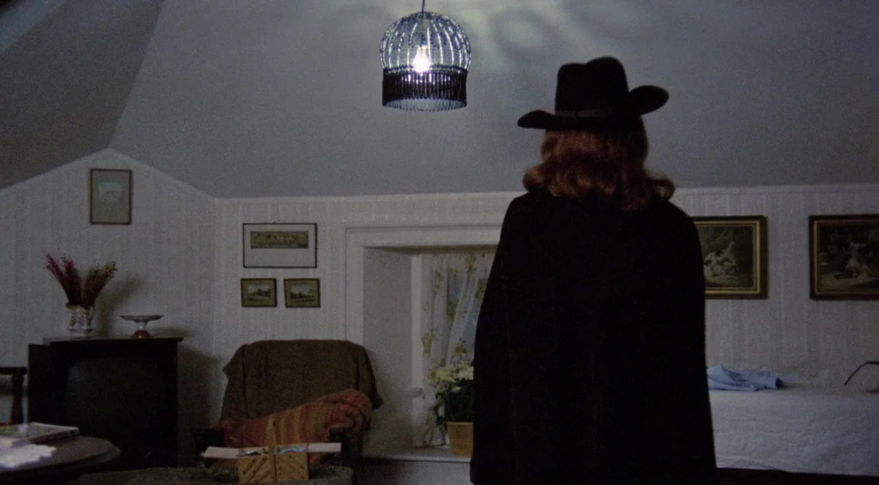 The Iguana with the Tongue of Fire (1971) movie still: medium — An attic room features sloped white walls, framed artwork, and a covered armchair. A…
