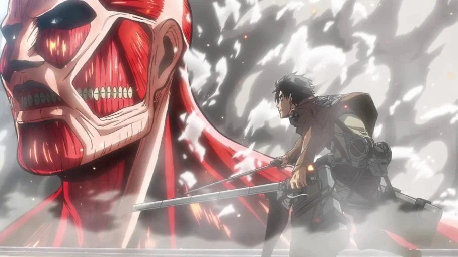 Attack on Titan (2013) movie still: medium — A gigantic red humanoid looms over a soldier standing on a structure. Clouds of white dust billow in…