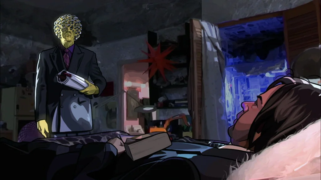 A Scanner Darkly (2006) movie still: medium — A dark, cluttered room with a glowing figure standing over a man in bed. A man in a dark suit reclines…