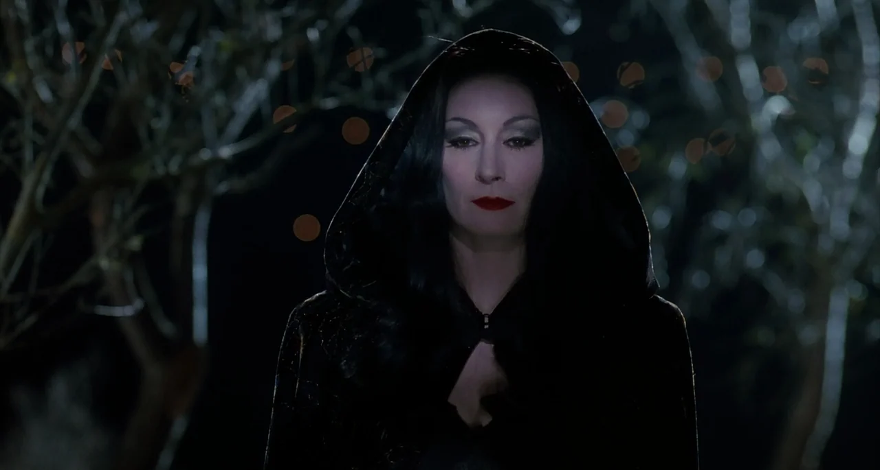 The Addams Family (1991) movie still: closeup — A dark outdoor space at night features bare trees with soft out-of-focus lights. A pale woman in a…