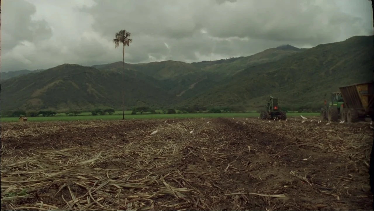 Cut (2000) movie still: wide — A vast harvested field stretches toward mountains under a heavy overcast sky. Two agricultural tractors sit in the…