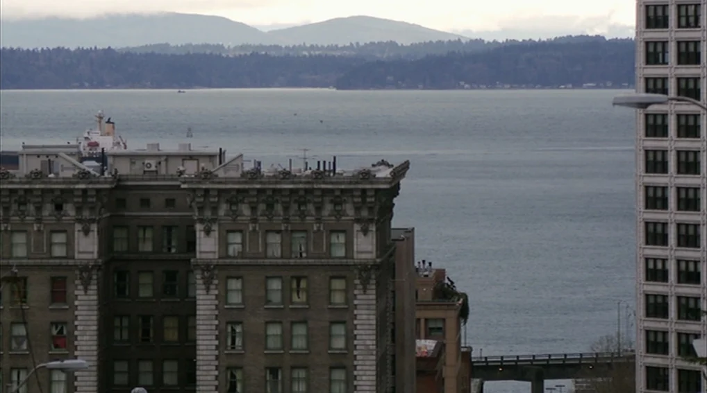 Your Sister’s Sister (2011) movie still: establishing — An urban cityscape overlooks a wide bay with distant mountain ranges under clouds.…