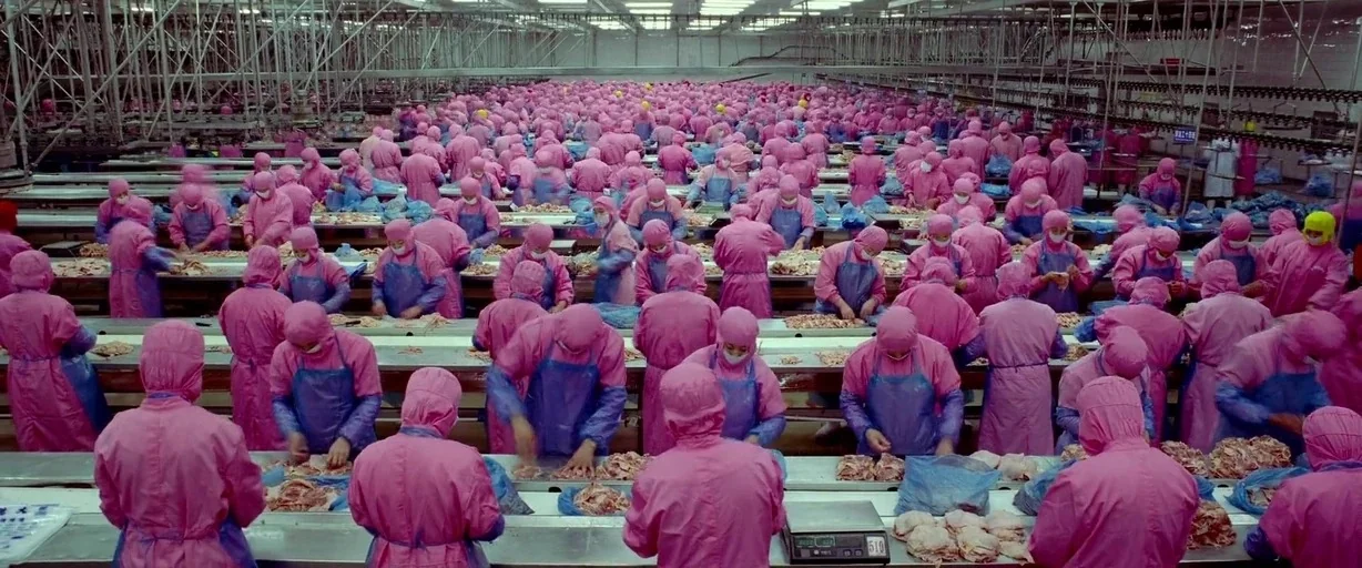 Samsara (2011) movie still: wide — A sprawling meat processing facility features rows of workers at long metallic conveyor belts. Hundreds of…