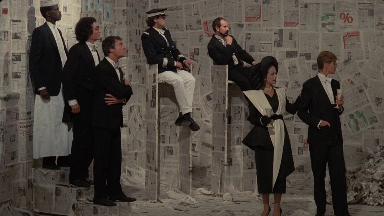 Dorian Gray in the Mirror of the Yellow Press (1984) movie still: wide — A white-walled room completely covered in sheets of newspaper displays…