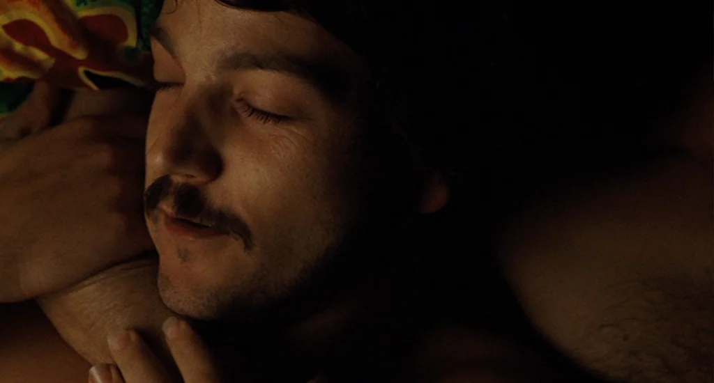 Milk (2008) movie still: closeup — A man is sleeping in a dimly lit, warm-toned indoor environment. His face is positioned in profile as an arm…