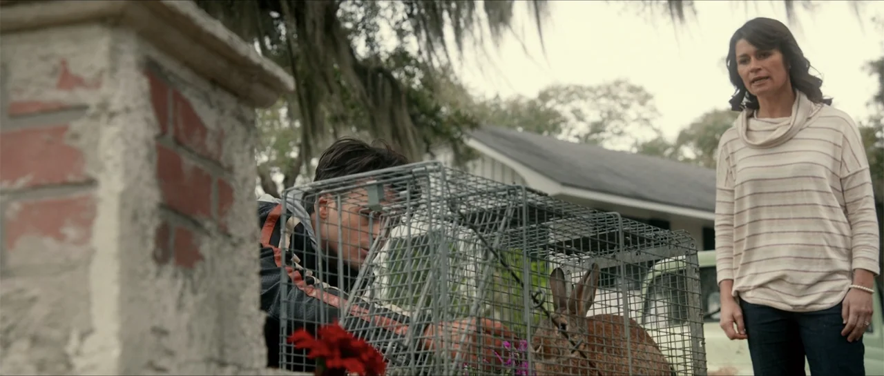 Jeepers Creepers 3 (2017) movie still: medium — A residential front yard features a brick pillar and large trees with Spanish moss. A young man…