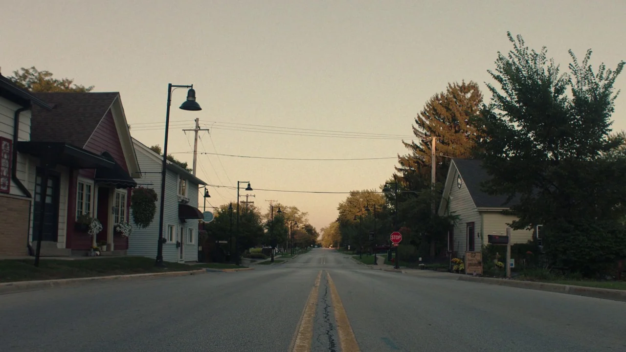 Girl on the Third Floor (2019) movie still: establishing — A quiet residential street lined with small houses and mature trees at golden hour. The…