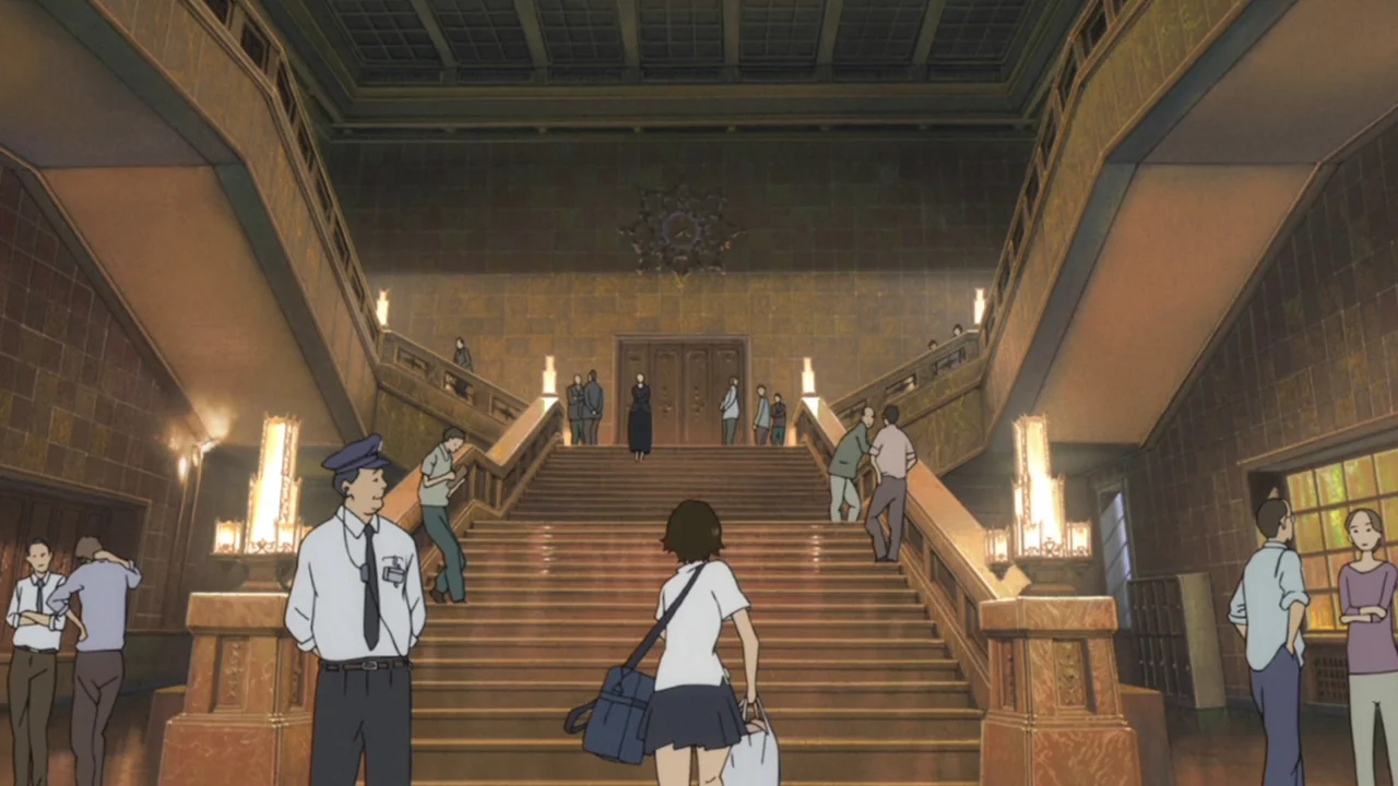 The Girl Who Leapt Through Time (2006) movie still: wide — An opulent multi-story building lobby features a central wide staircase with ornate…