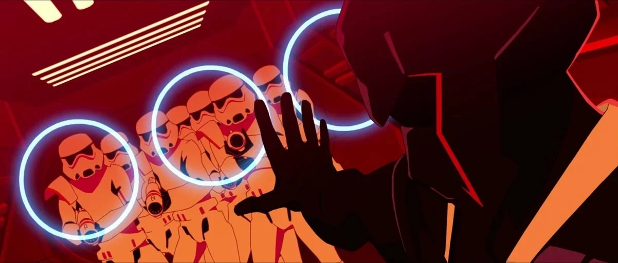 Star Wars: Visions (2021) movie still: medium — A dimly lit metallic corridor with harsh red lighting dominates the environment. A dark armored…