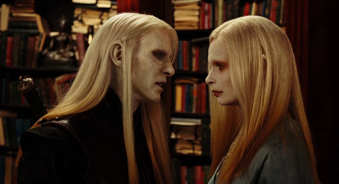 Hellboy II: The Golden Army (2008) movie still: medium — A dark, dimly lit space with floor-to-ceiling wooden shelves packed with antique books. A…