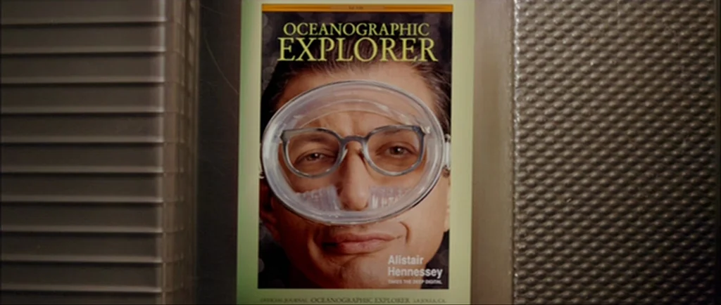 The Life Aquatic With Steve Zissou (2004) movie still: closeup — A magazine cover titled Oceanographic Explorer displays a portrait of a man in a…