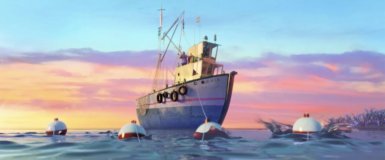 Cloudy with a Chance of Meatballs 2 (2013) movie still: wide — A fishing boat floats on calm water during a colorful sunset. A lone man stands on…