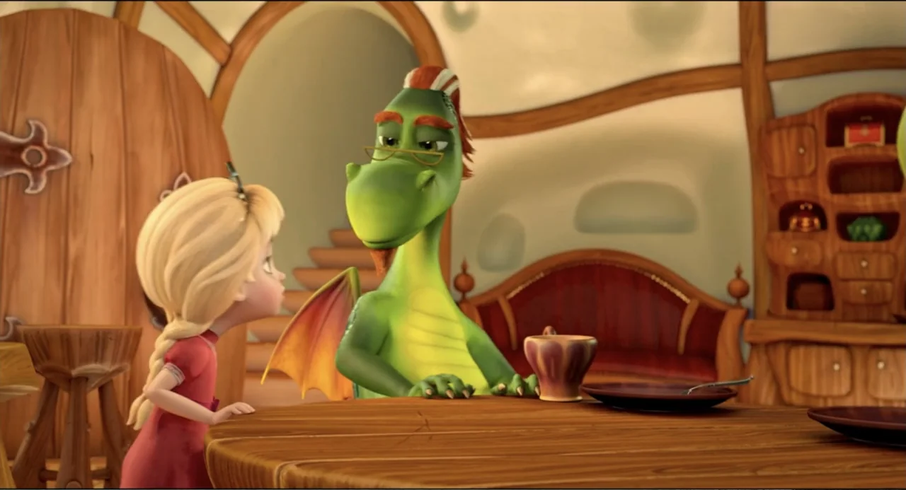 The Princess and the Dragon (2018) movie still: medium — A cozy, rounded interior space features wooden furniture and light-colored curved walls. A…