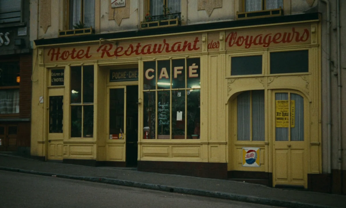 Muriel (1963) movie still: establishing — A European-style hotel and restaurant facade features ornate yellow woodwork and red lettering. The…