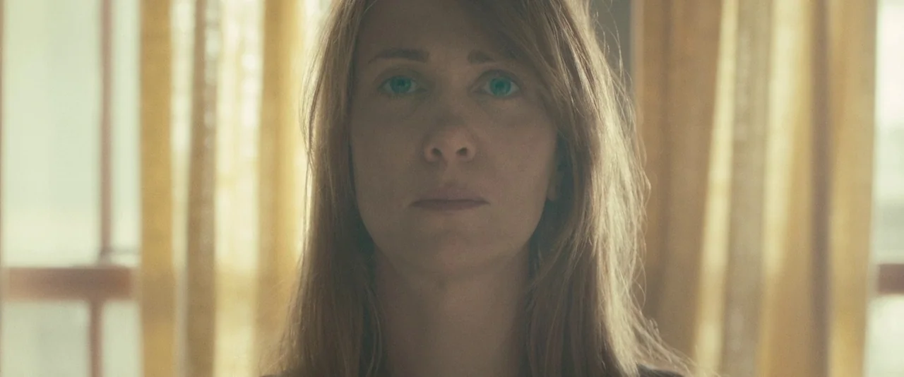 The Skeleton Twins (2014) movie still: closeup — A woman is positioned indoors with sheer yellow curtains hanging in the background. She stands…