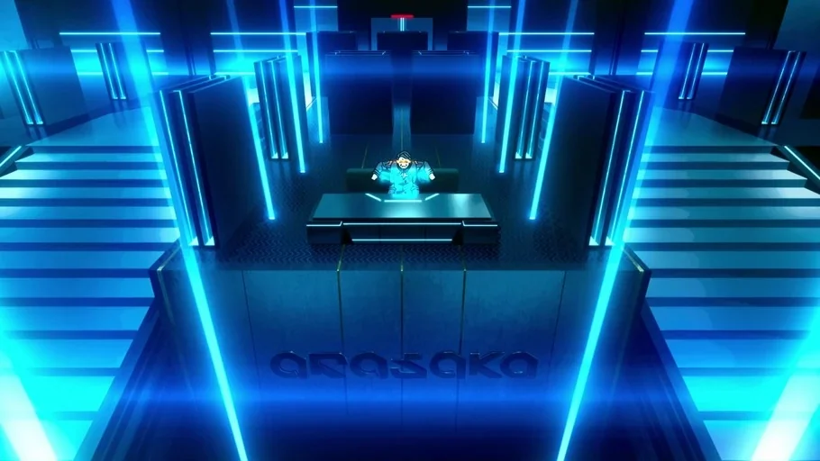 Cyberpunk: Edgerunners (2022) movie still: wide — A dark, expansive room features symmetric blue neon pillars flanking a central raised desk. An…