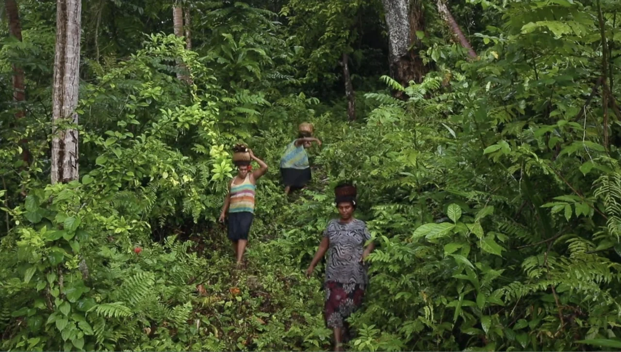 Islands of Creation (2015) movie still: fullbody — A narrow dirt path winds through lush, dense tropical vegetation in a jungle. Three women walk…