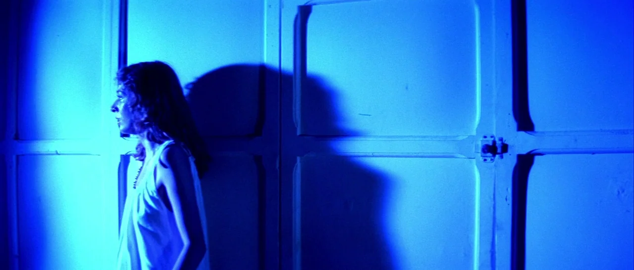 Suspiria (1977) movie still: medium — A woman stands against a white garage door lit by an intense blue light. Her shadow is projected sharply onto…