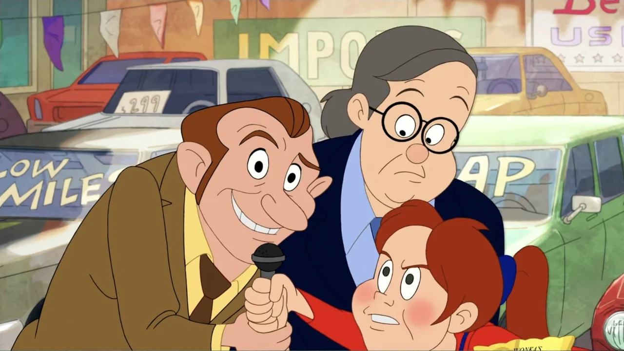 Tom and Jerry: Willy Wonka & the Chocolate Factory (2017) movie still: medium — A used car lot with colorful cars parked in the background. A man…