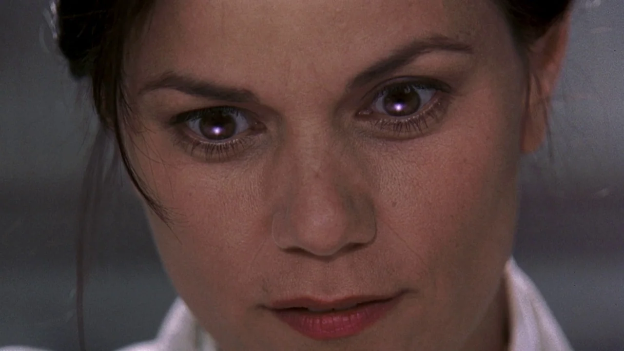 Men In Black (1997) movie still: closeup — A close portrait of a woman's face fills the frame. She stares forward with wide, focused eyes.
