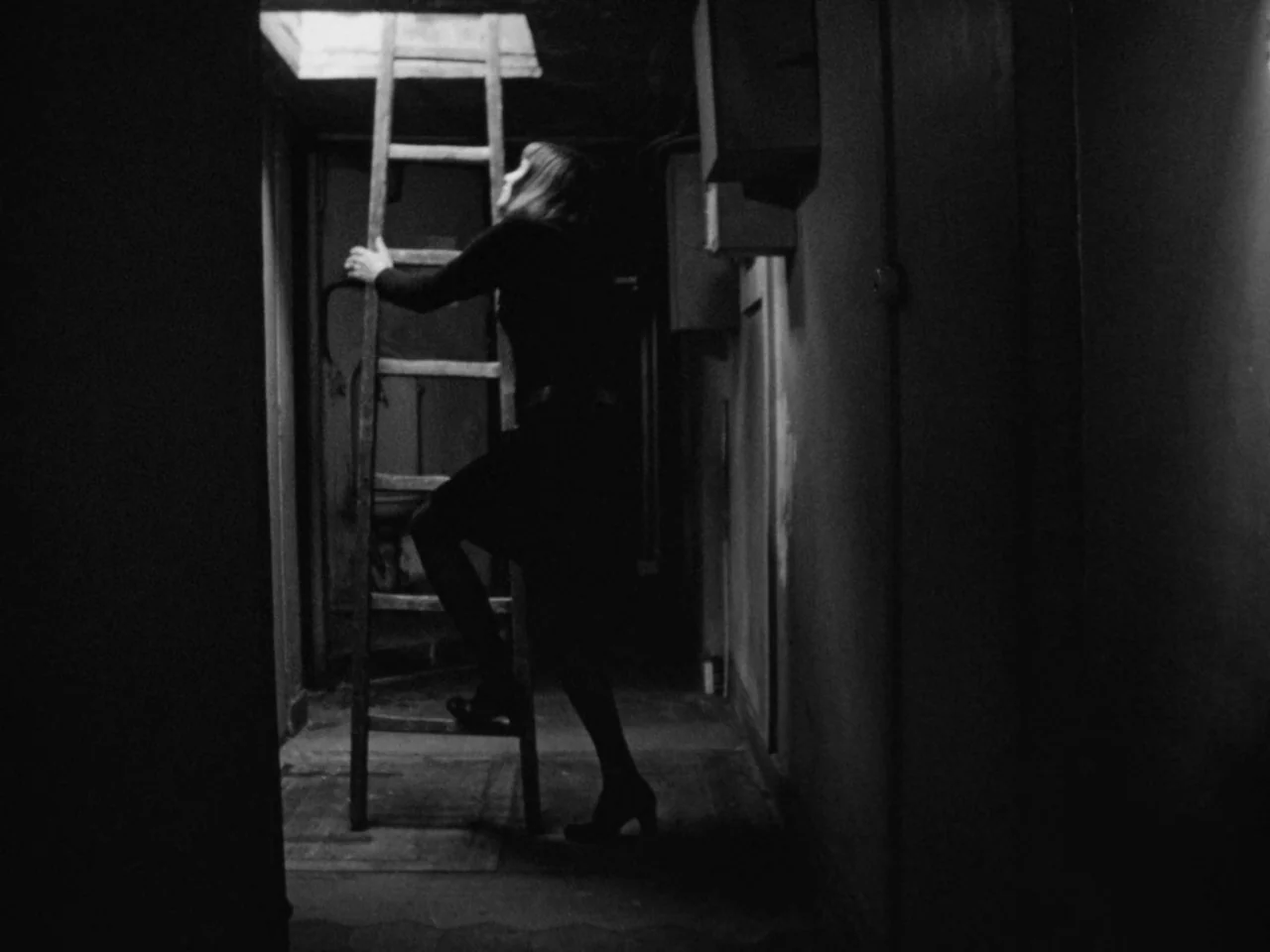 A Woman Kills (1968) movie still: fullbody — A narrow dark interior corridor features a wooden ladder placed centrally under a ceiling vent. A woman…