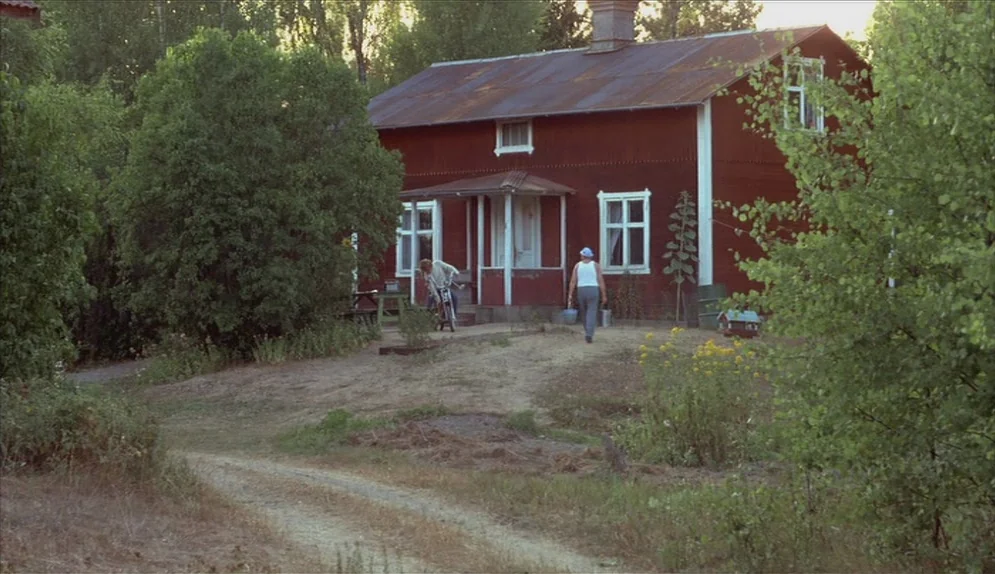 A Swedish Love Story (1970) movie still: wide — A rural red wooden house with a metal roof sits among trees and shrubs. A man walks toward the house…