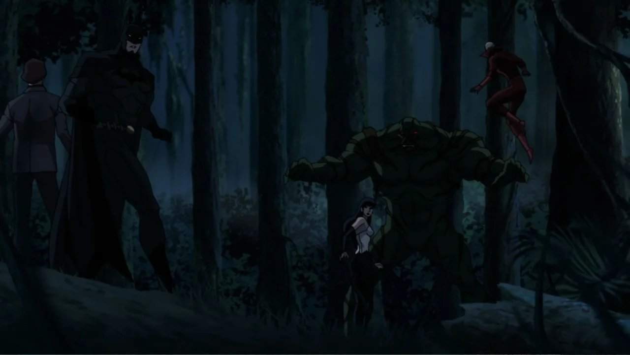 Justice League Dark (2017) movie still: wide — A dark swamp filled with dense, vertical tree trunks under a moonlit sky. Several costumed…