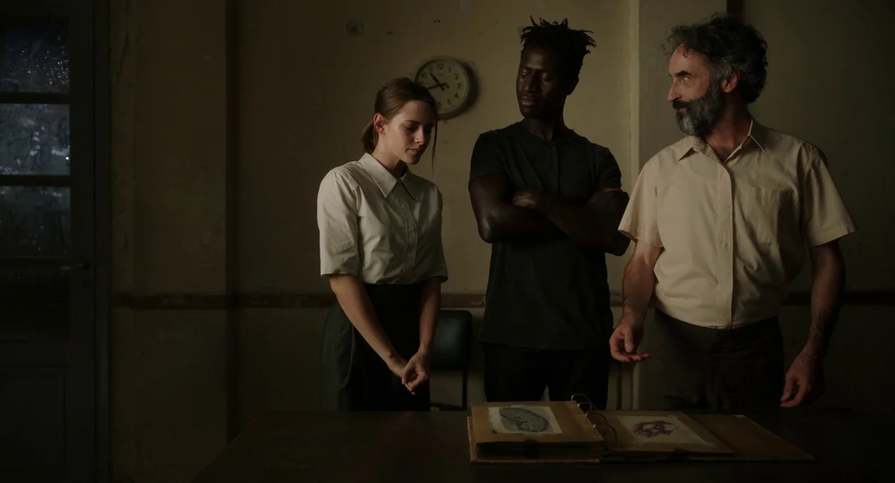 Crimes of the Future (2022) movie still: medium — A dimly lit room with peeling yellow paint and a round wall clock. Three people stand around a…