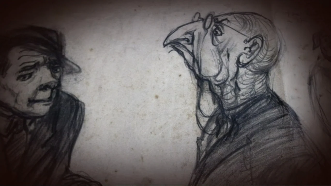The Witch of Kings Cross (2020) movie still: medium — A graphite drawing on aged paper depicting two caricatured male figures. The figures are…