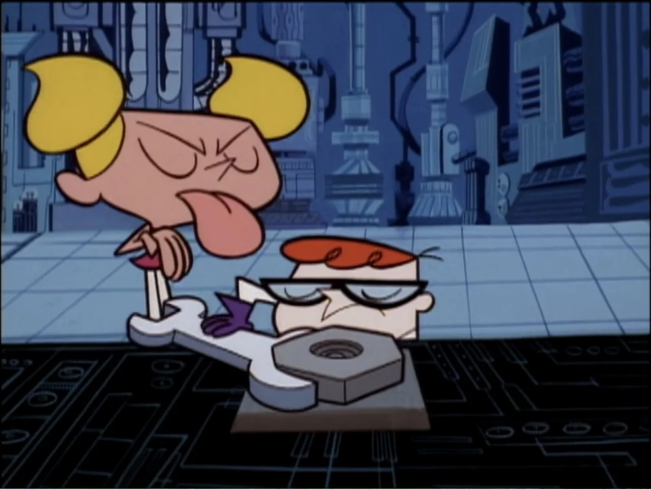 Dexter's Laboratory: Ego Trip (1999) movie still: medium — A high-tech laboratory with complex machinery and blue-toned panels in the background. A…