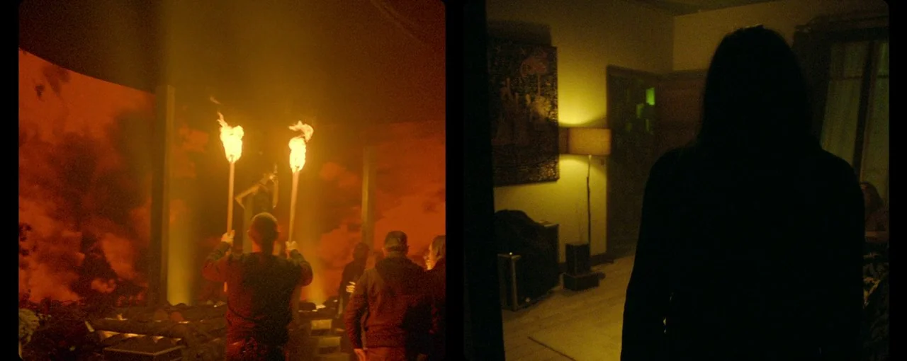Lux Æterna (2019) movie still: medium — A diptych displays two contrasting interior spaces characterized by firelight and low-key lamp lighting.…