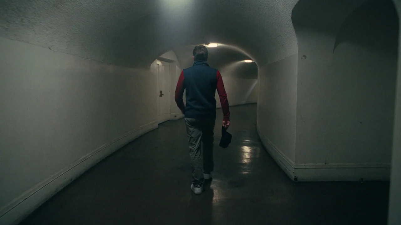 One Battle After Another (2025) movie still: fullbody — A long, curved concrete underground passageway with arched ceilings and white walls. A man…