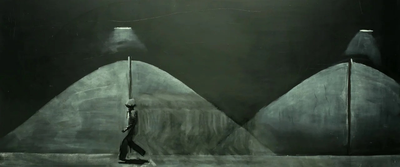 The House That Jack Built (2018) movie still: wide — A dark, painterly environment features two large, triangular cones of light illuminating a flat…