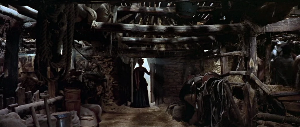 Once Upon A Time In The West (1968) movie still: wide — A dark, cluttered barn interior with rough-hewn timber beams and hanging ropes. A woman…