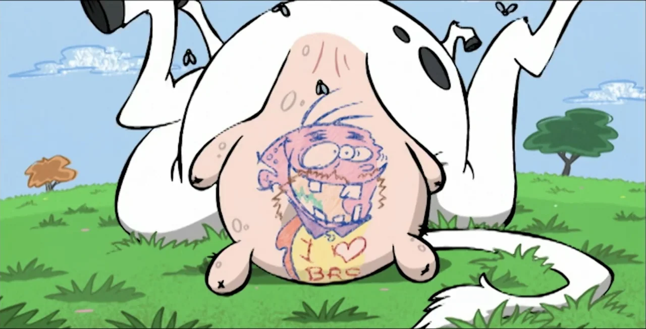 Ed, Edd n Eddy's Big Picture Show (2009) movie still: medium — A cartoon cow lies on a green grassy meadow with trees in the distance. A drawing of…